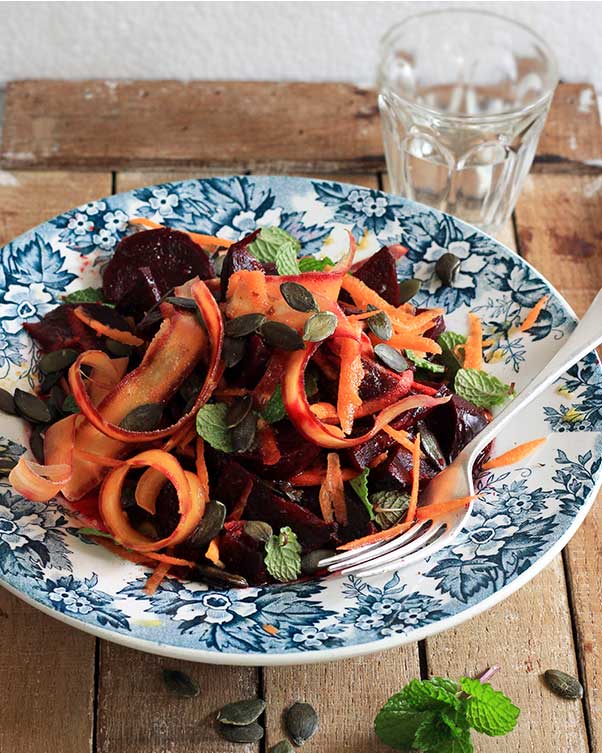 harissa-spiced carrot and beetroot salad. Melkkos and Merlot.